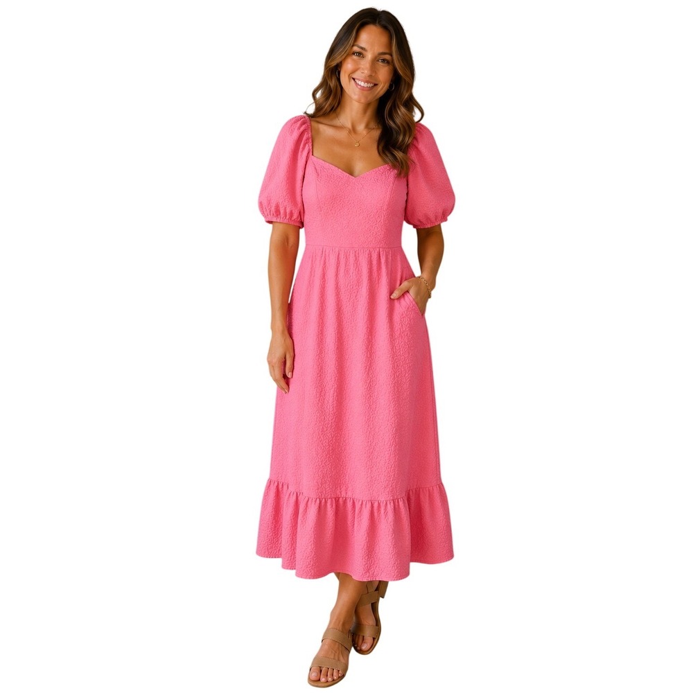 Tech Textured Pink Puff Sleeve Midi Dress Coquette‎ Barbiecore M Wedding Guest